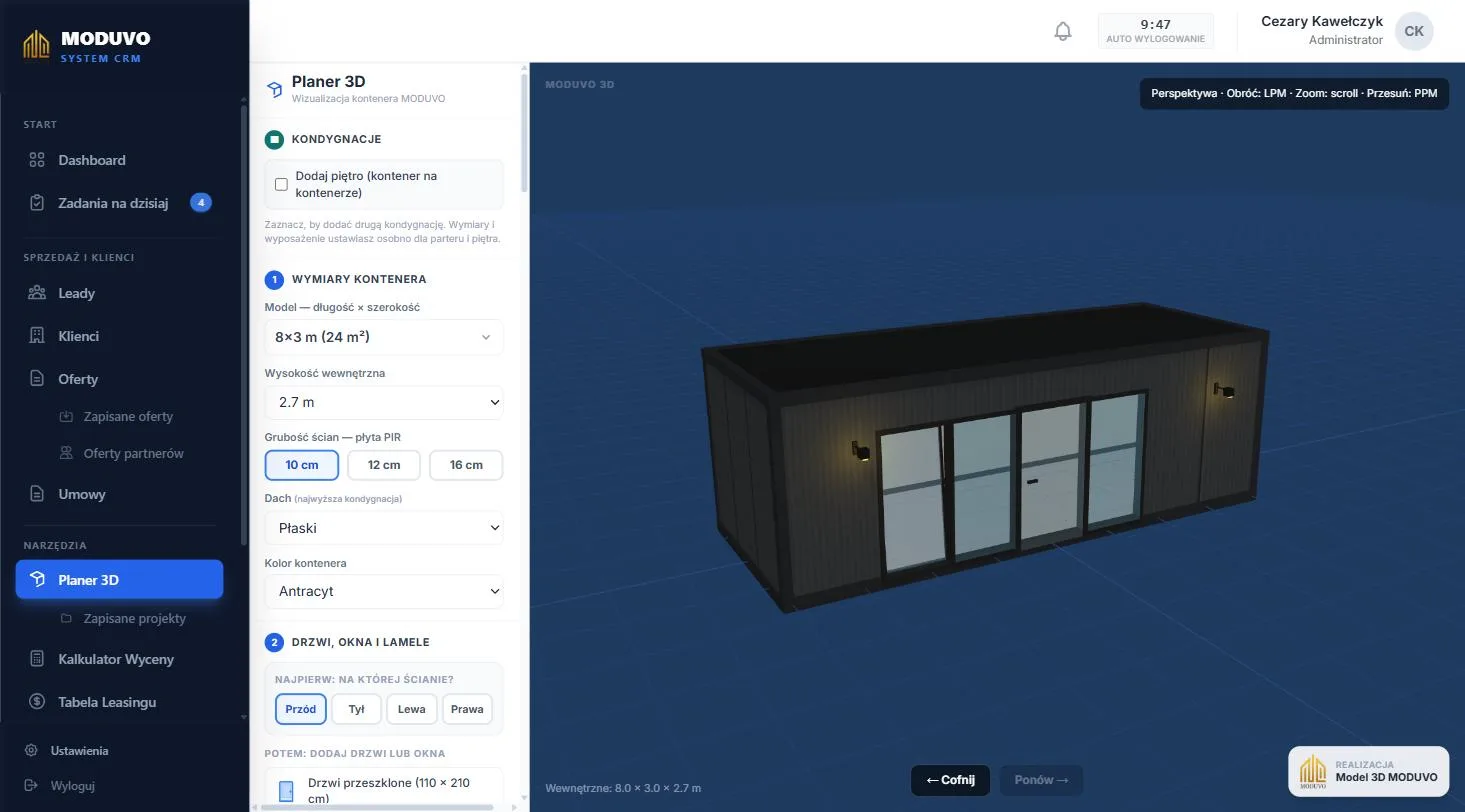 Planer 3D w MODUVO CRM: kontener z drzwiami i oknami ustawiany w trakcie rozmowy z klientem.