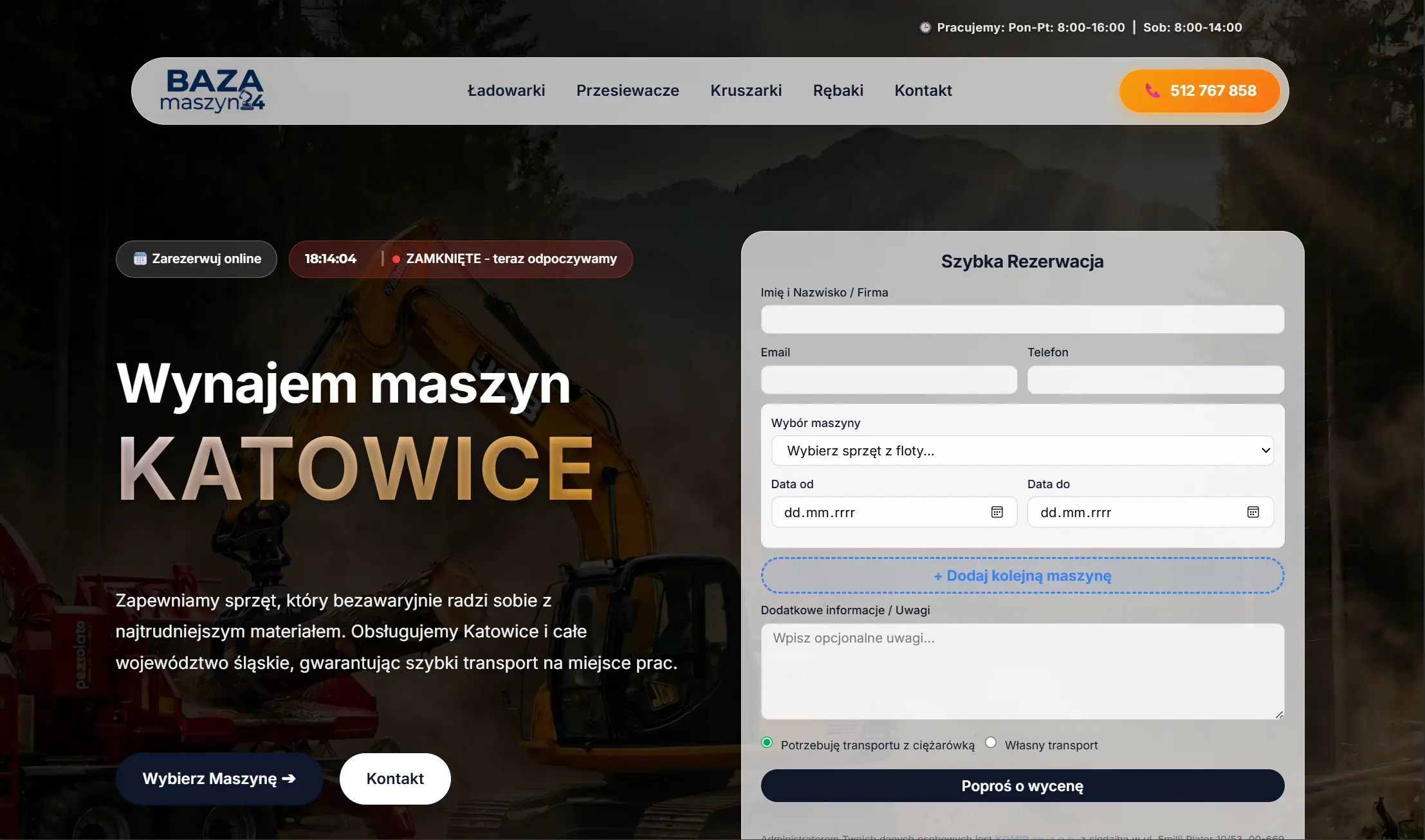 Baza Maszyn 24 — strona internetowa wynajmu sprzętu budowlanego, realizacja WebPless