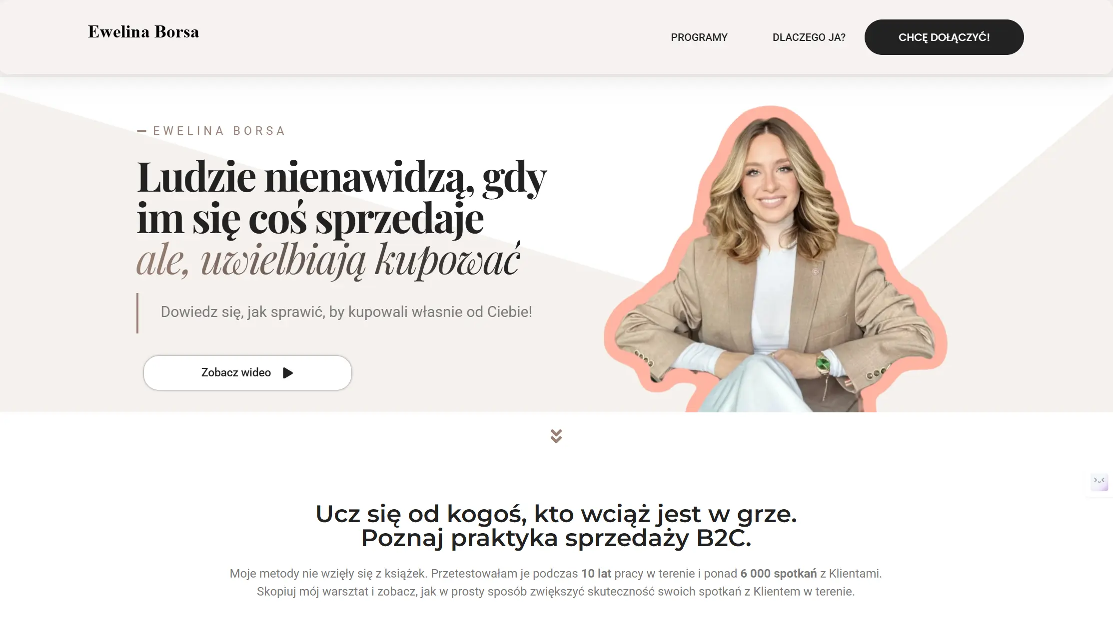 Ewelina Borsa — strona internetowa z kursami sprzedażowymi, realizacja WebPless