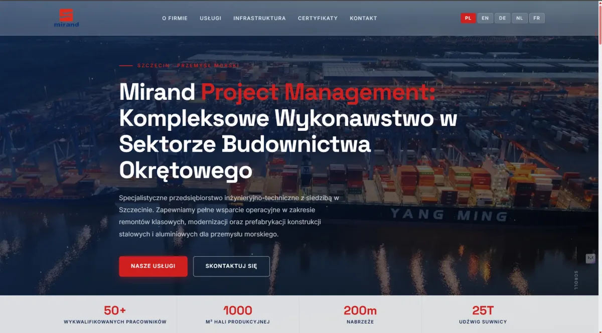 Mirand Szczecin — strona internetowa firmy stoczniowej, realizacja WebPless
