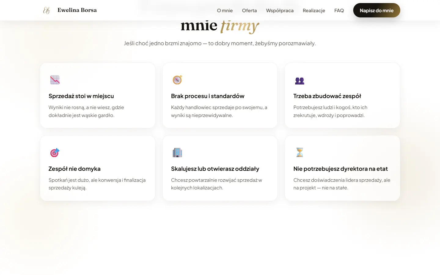 Sekcja z kafelkami problemów w sprzedaży, przy których warto się odezwać: sprzedaż stoi w miejscu, brak procesu, trzeba zbudować zespół.