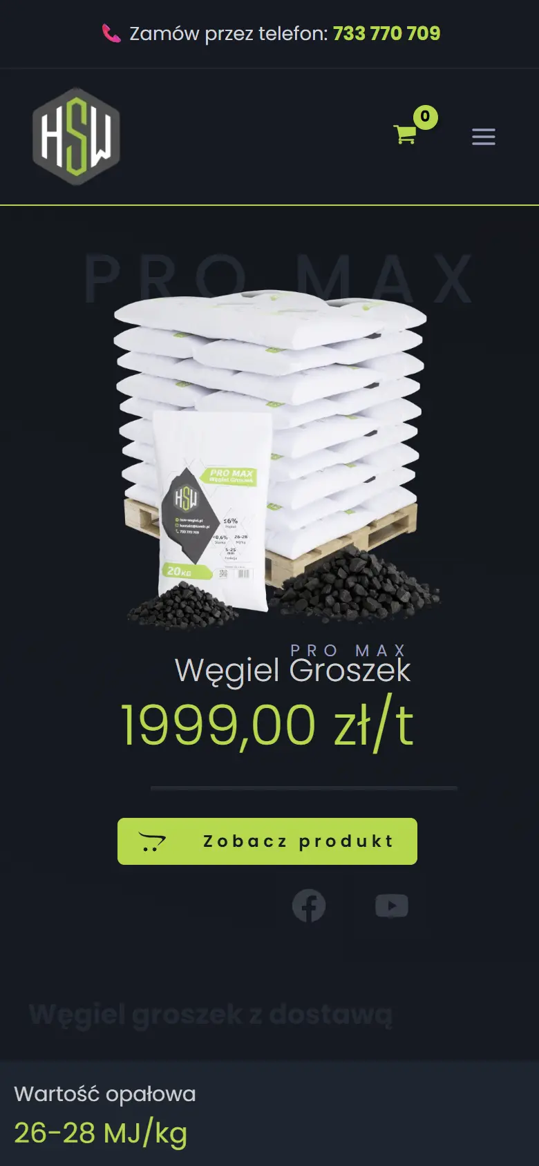 Strona główna sklepu HSW Węgiel na telefonie.
