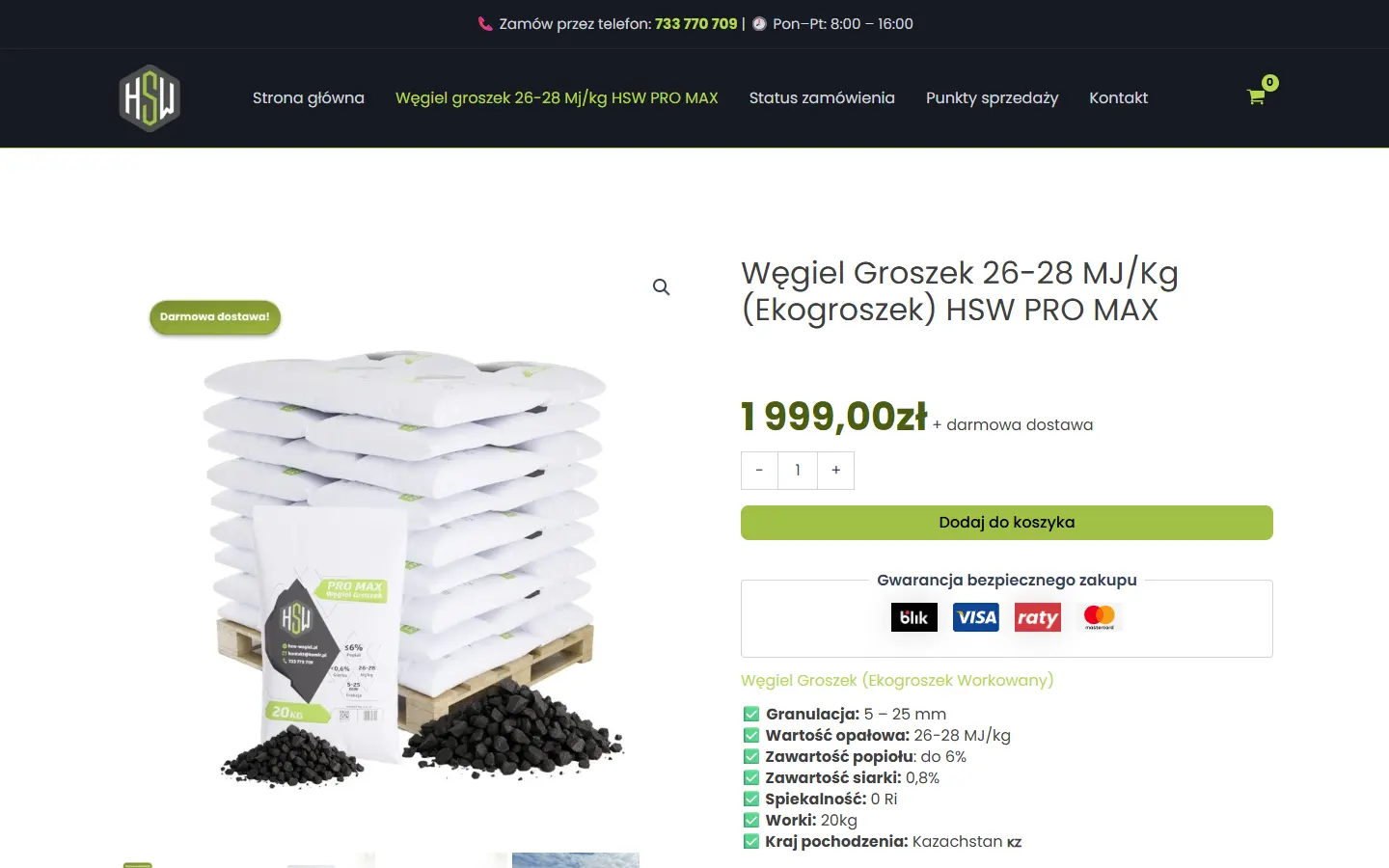 Karta produktu w sklepie HSW Węgiel: węgiel groszek HSW PRO MAX, cena, przycisk do koszyka.