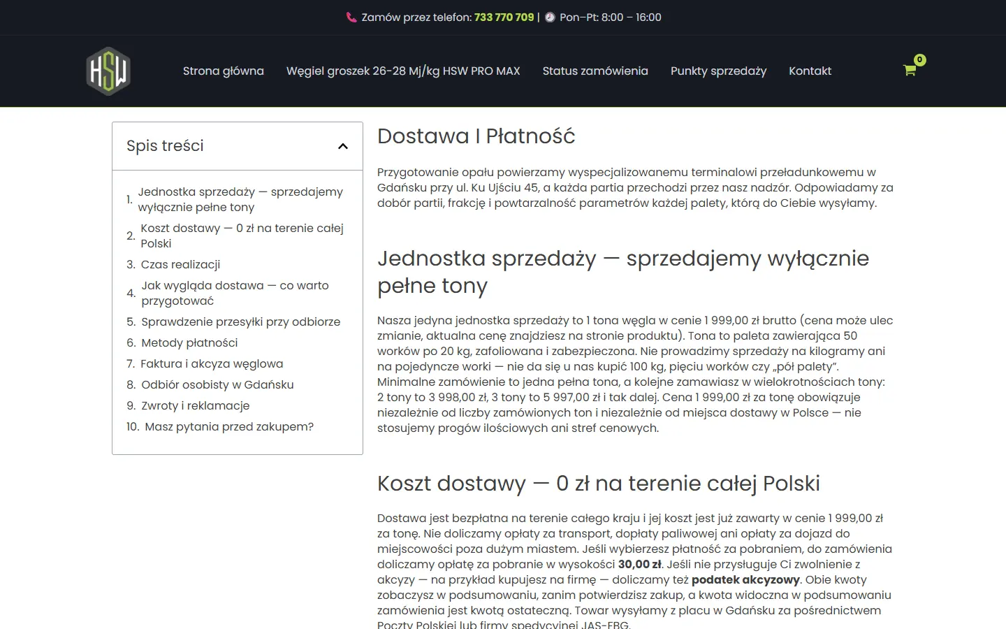 Strona dostawy i płatności w sklepie HSW Węgiel.