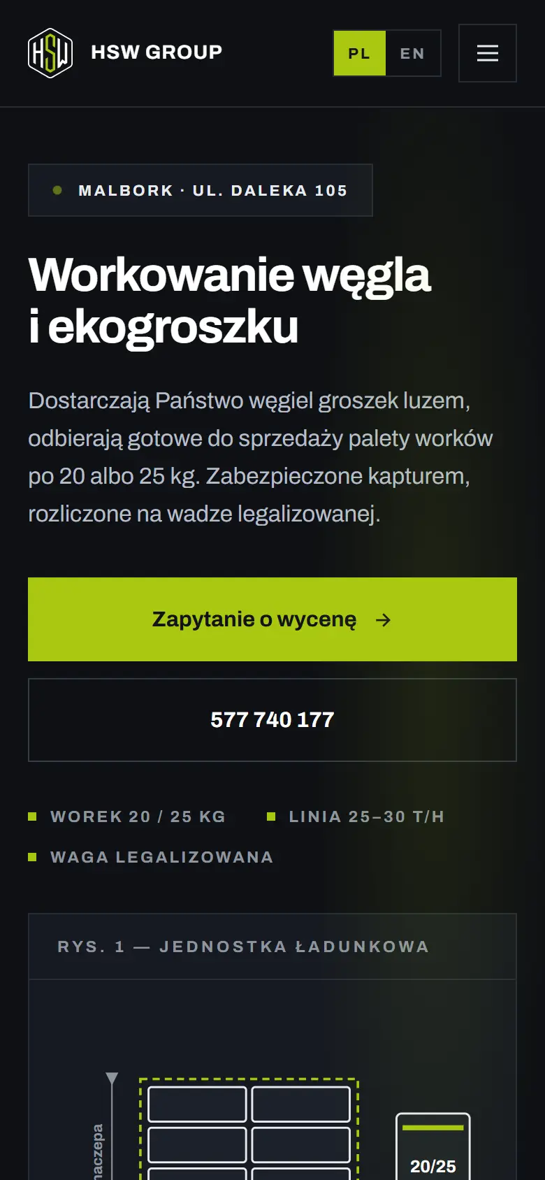 Podstrona workowania węgla na telefonie.