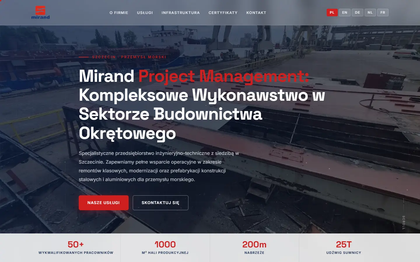 Strona główna mirand.szczecin.pl na komputerze: zdjęcie ze stoczni w tle, nagłówek o wykonawstwie w budownictwie okrętowym, przełącznik pięciu języków.