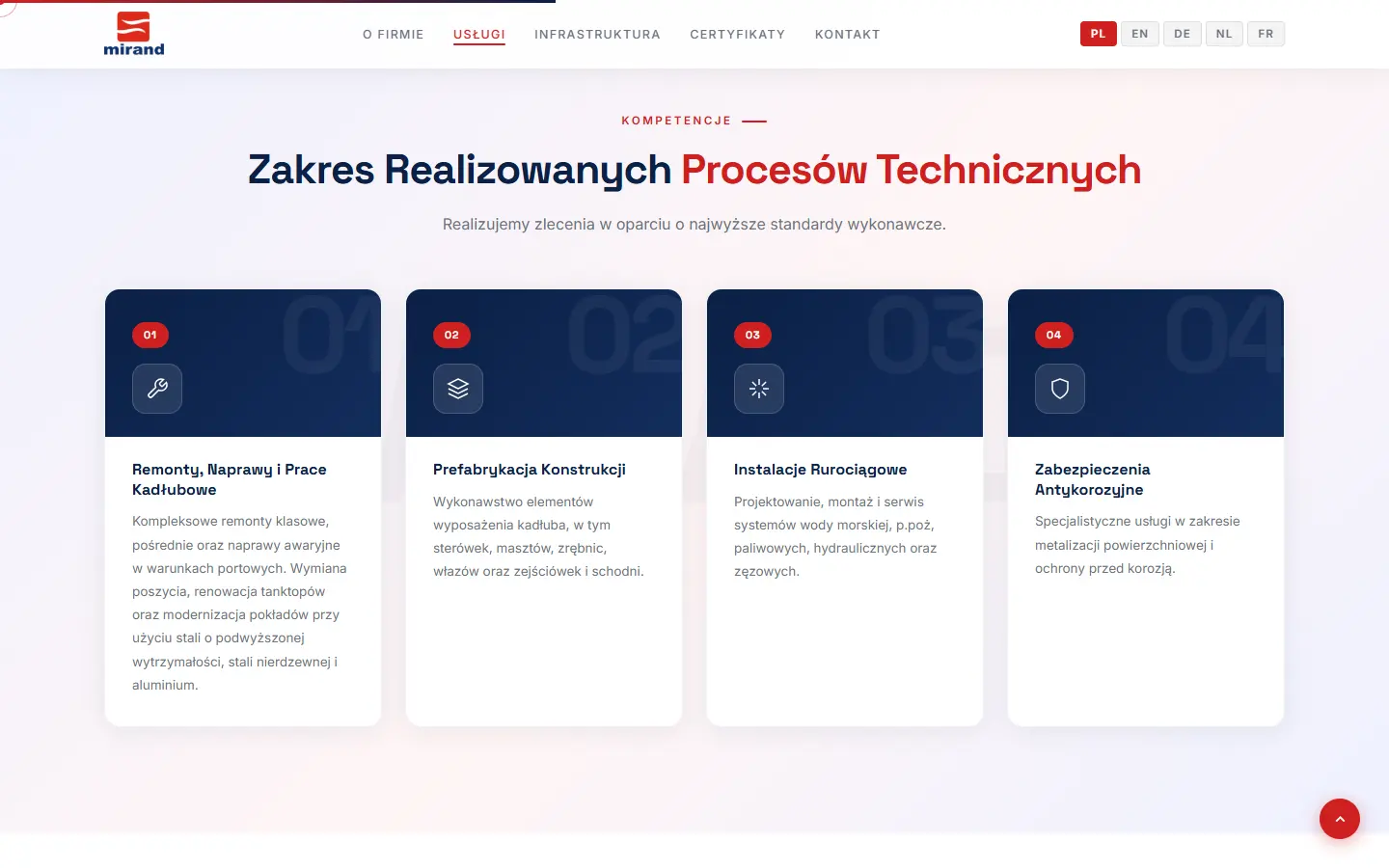 Sekcja zakresu procesów technicznych: remonty i prace kadłubowe, prefabrykacja konstrukcji, instalacje rurociągowe, zabezpieczenia antykorozyjne.