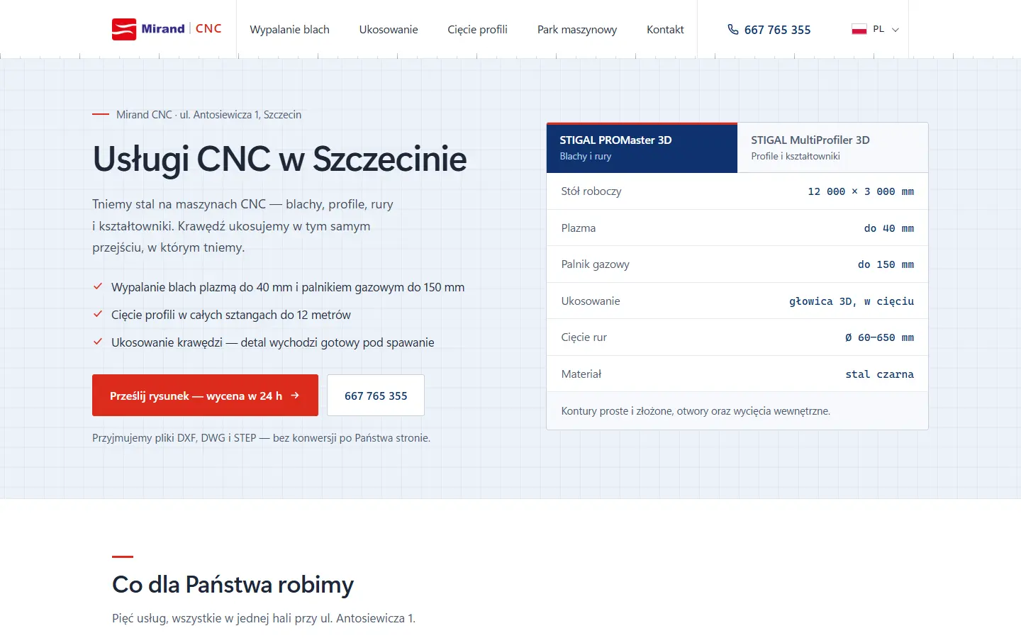 Strona główna mirandcnc.pl na komputerze: usługi CNC w Szczecinie, tabela parametrów maszyn, przycisk przesłania rysunku do wyceny.