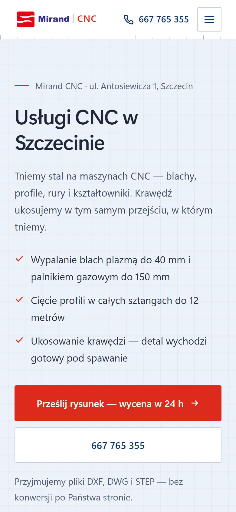 Strona główna mirandcnc.pl na telefonie.