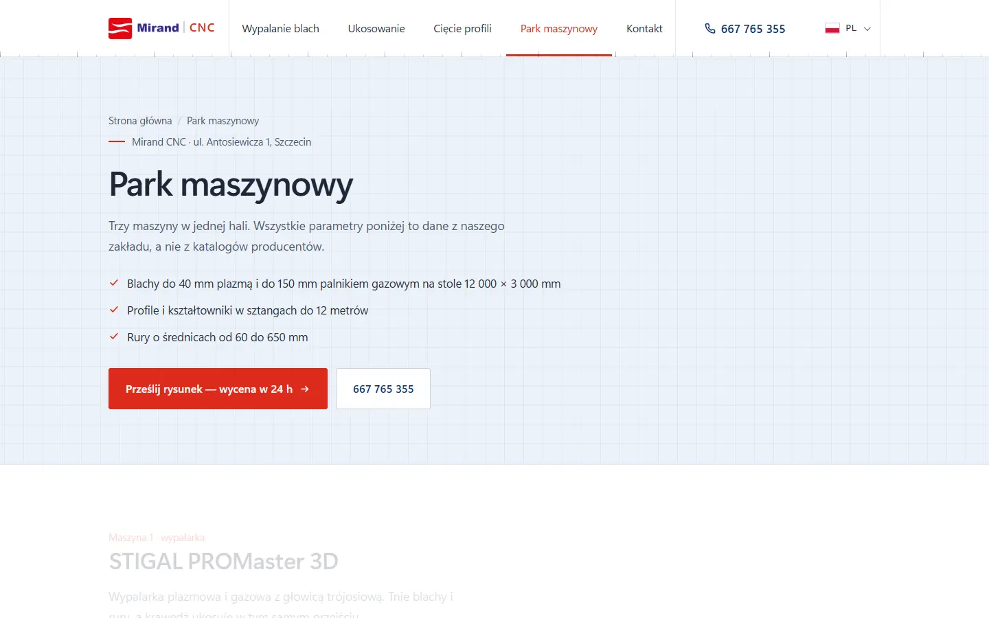 Podstrona parku maszynowego mirandcnc.pl z opisem maszyn CNC.