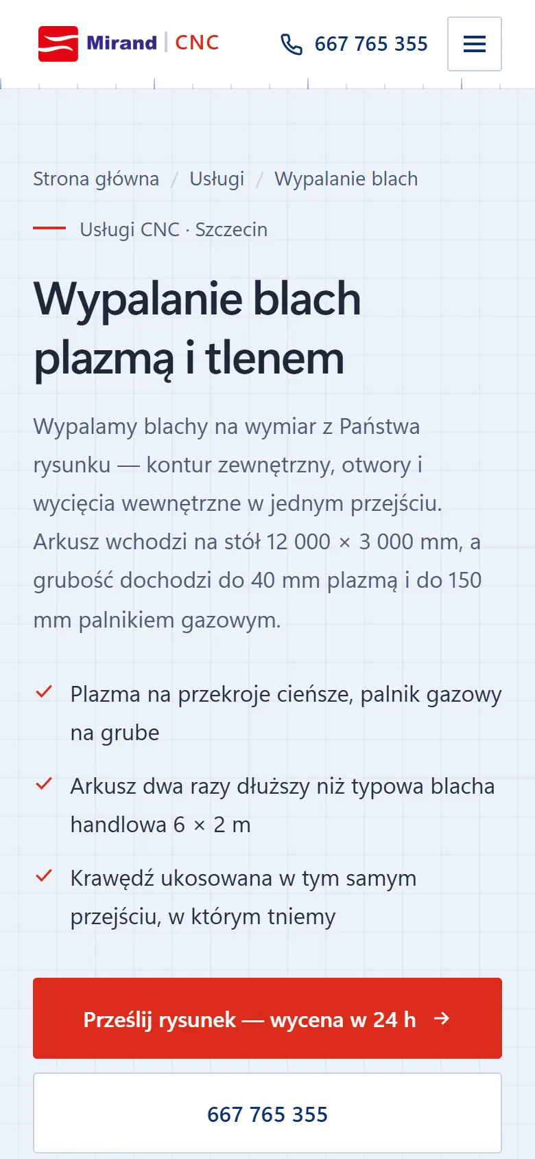 Podstrona wypalania blach mirandcnc.pl na telefonie.