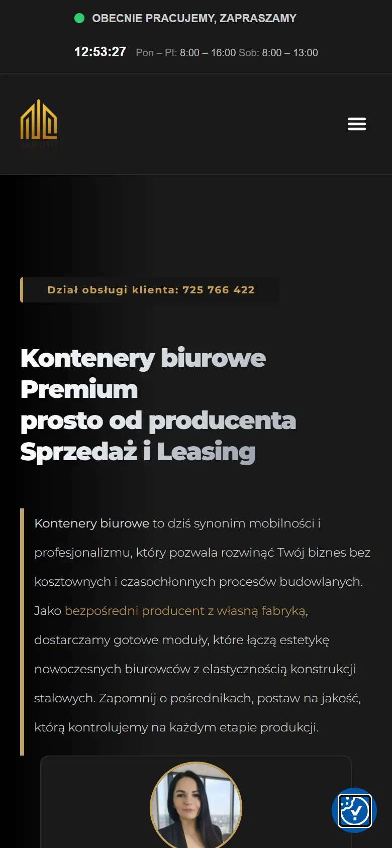 Podstrona kontenerów biurowych moduvo.pl na telefonie.