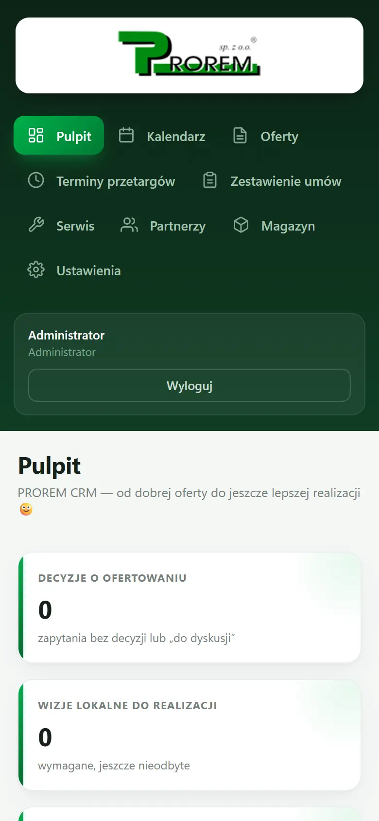 Pulpit PROREM CRM na telefonie: menu modułów i kafelki decyzji.