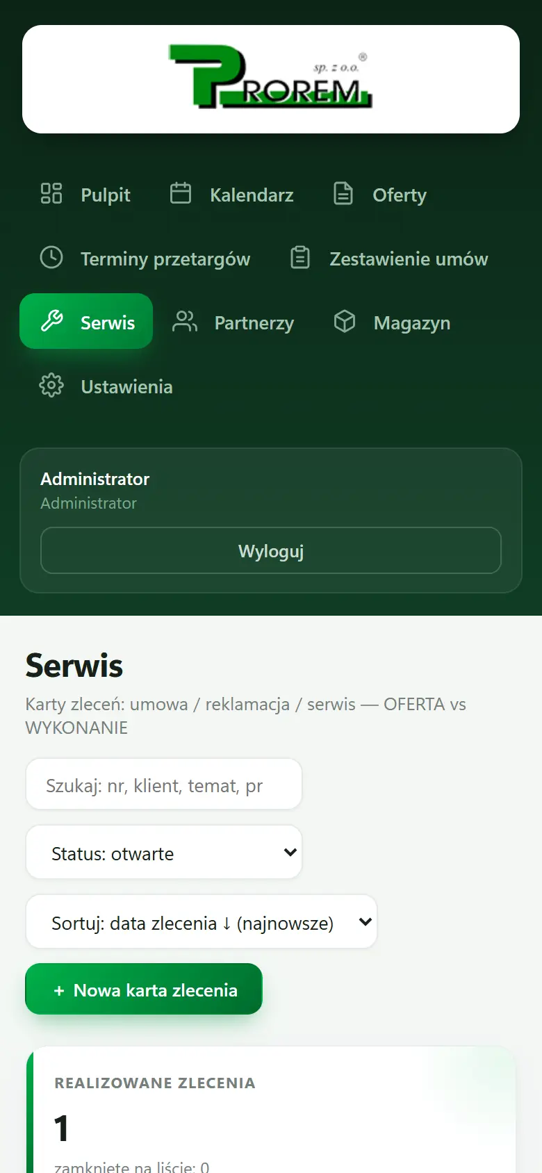 Moduł serwisu PROREM CRM na telefonie.
