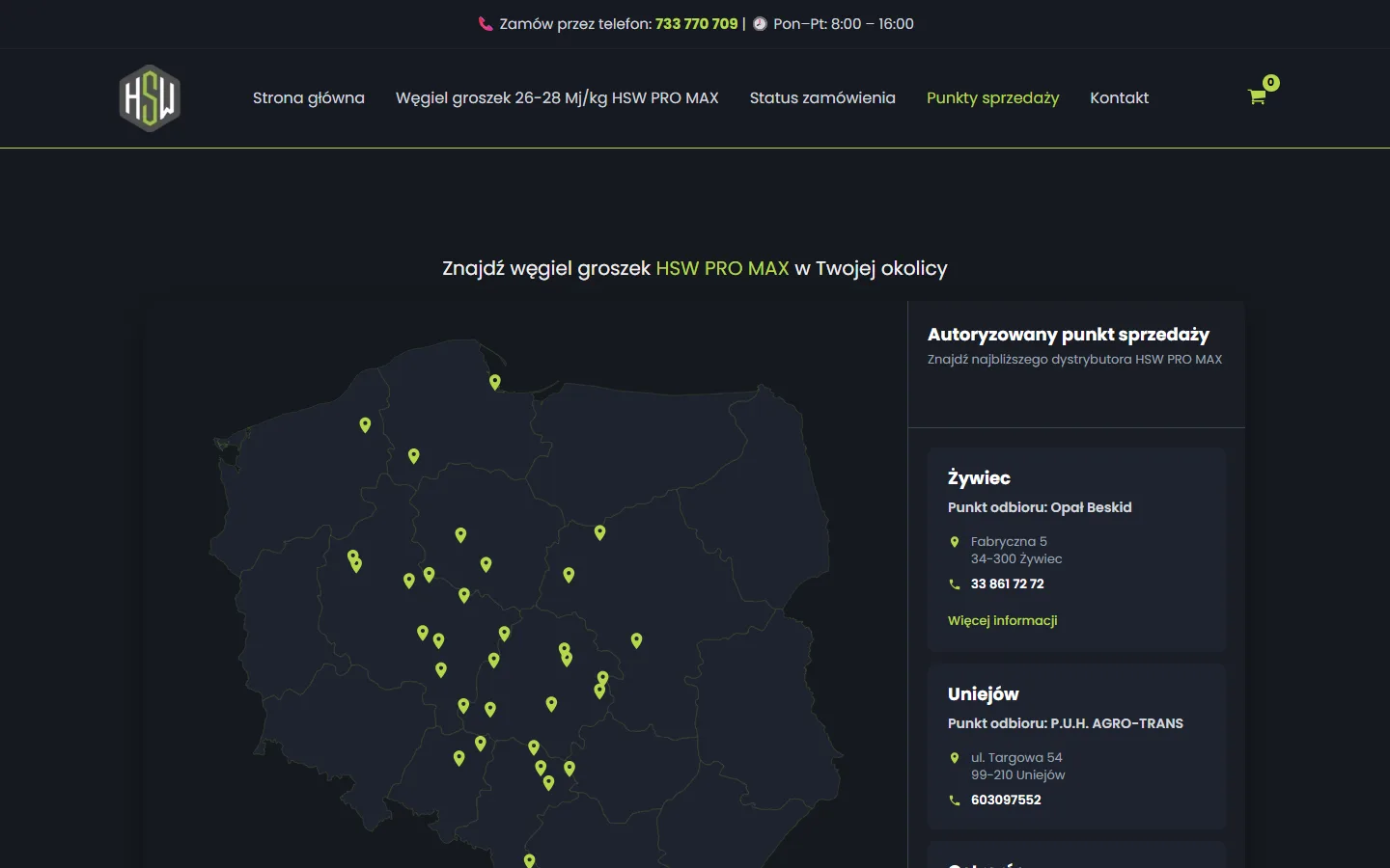 Strona punktów sprzedaży węgla HSW PRO MAX: mapa składów opału z pinezkami i lista punktów z adresami — przykład strony lokalnej łączącej sklep z wizytówkami Google.