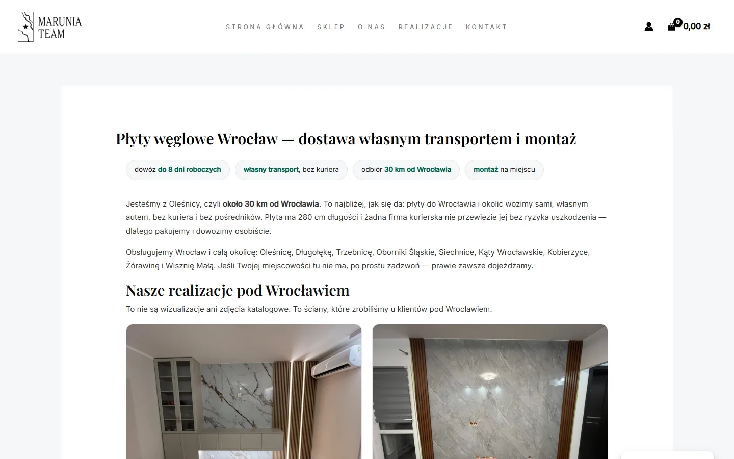 Strona lokalna sklepu Marunia „Płyty węglowe Wrocław — dostawa własnym transportem i montaż