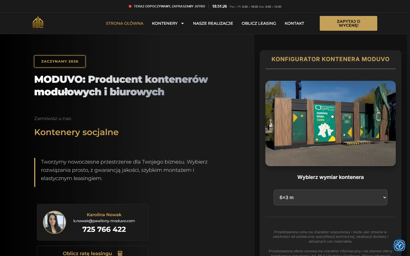 Strona główna MODUVO: nagłówek „Producent kontenerów modułowych i biurowych
