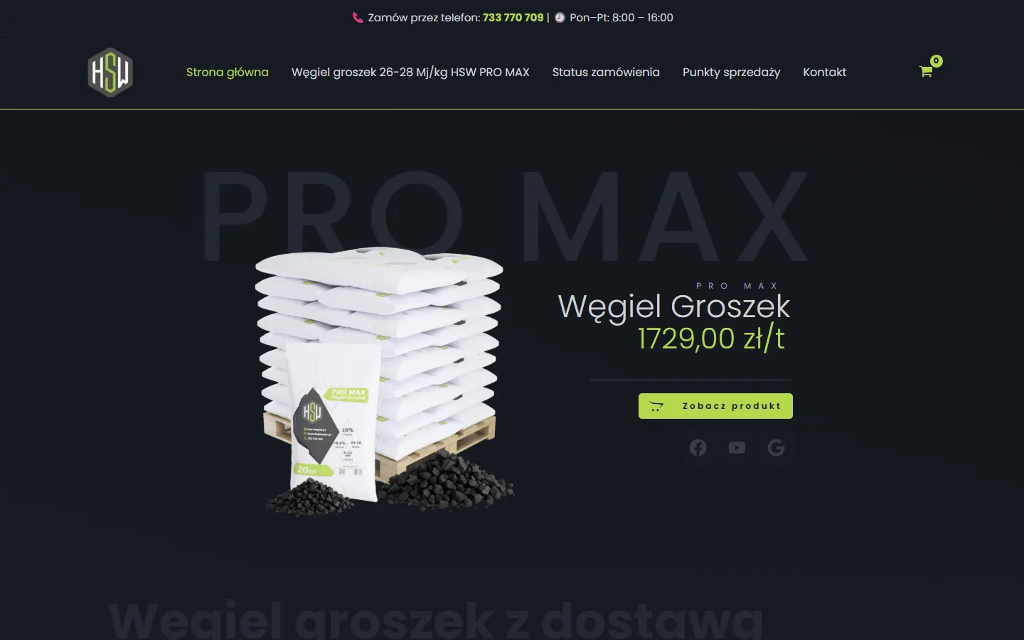 Strona główna sklepu HSW Węgiel: ciemny ekran startowy z paletą workowanego węgla, ceną za tonę i przyciskiem prowadzącym prosto do karty produktu.